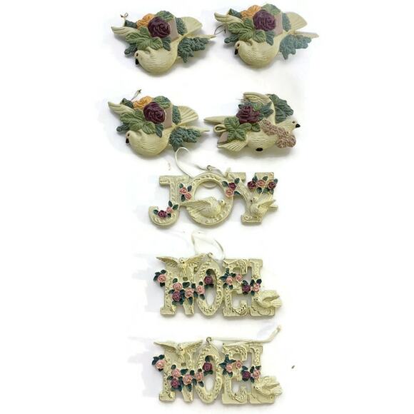 Christmas Tree Ornaments Set of 7 Ceramic Joy Noel and Doves - Picture 1 of 9